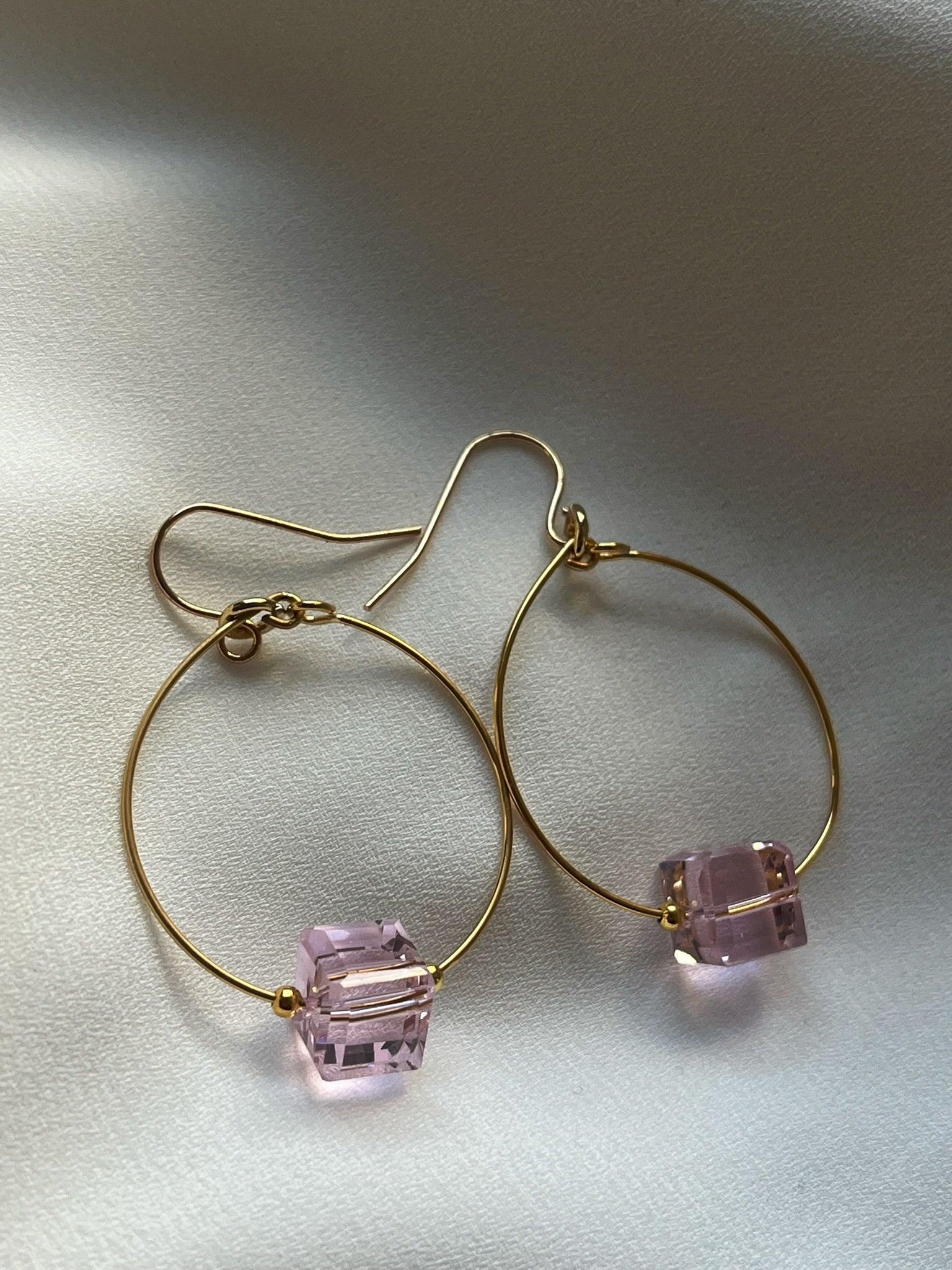 Glass Cube Gold Hoops - Kybalion Jewellery