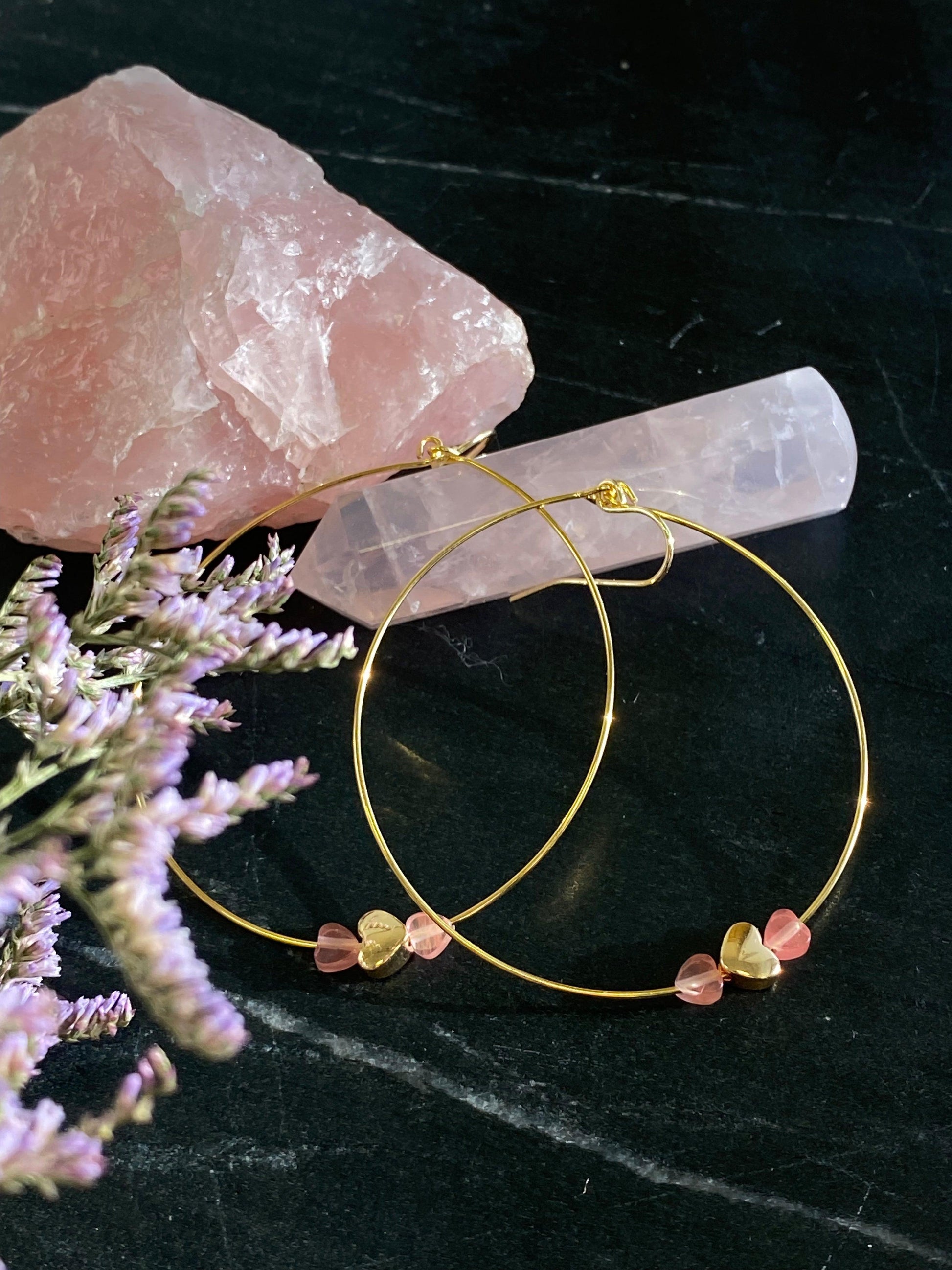 Rose Quartz Heart Hoops - Kybalion Jewellery