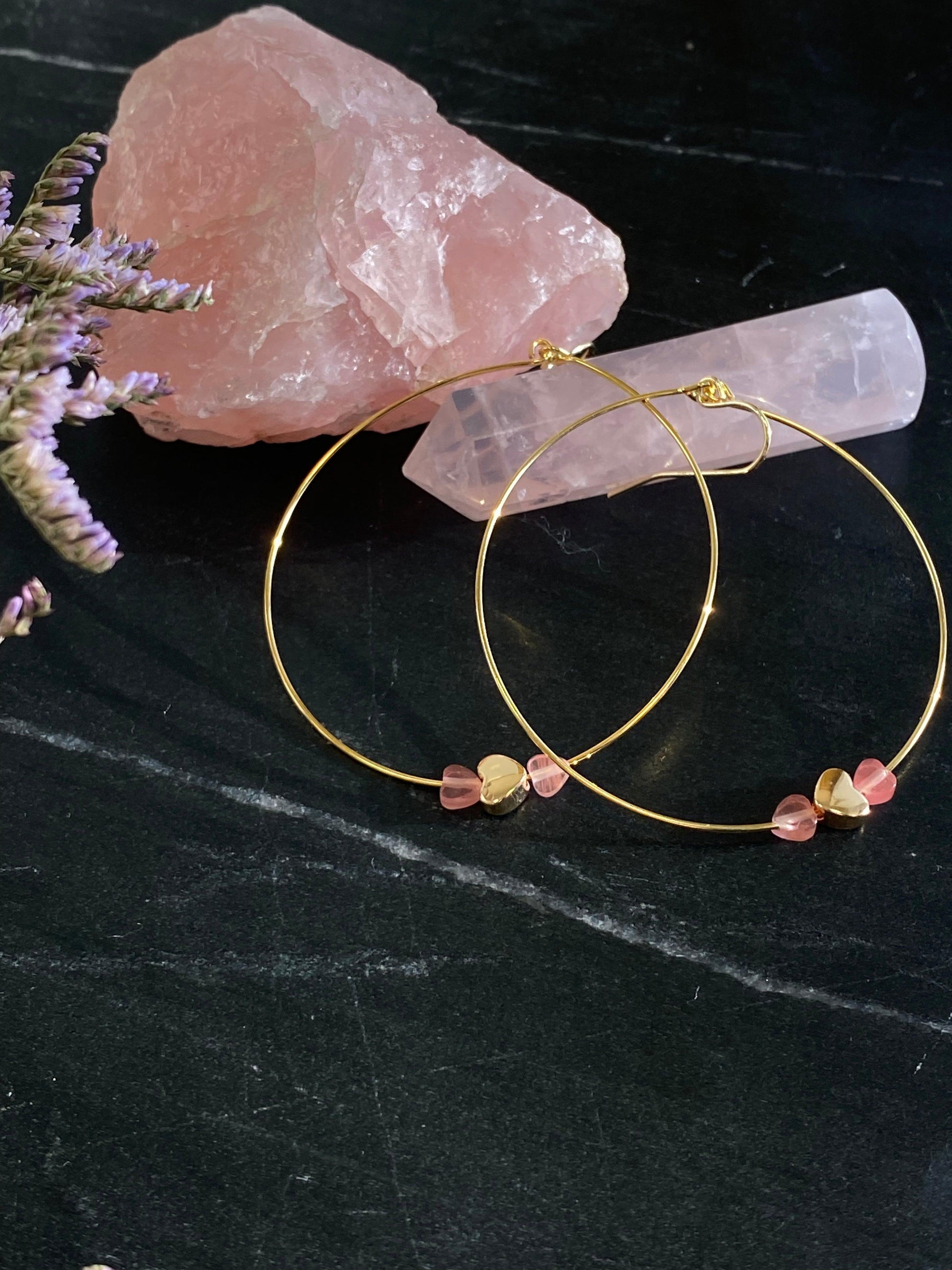 Rose Quartz Heart Hoops - Kybalion Jewellery