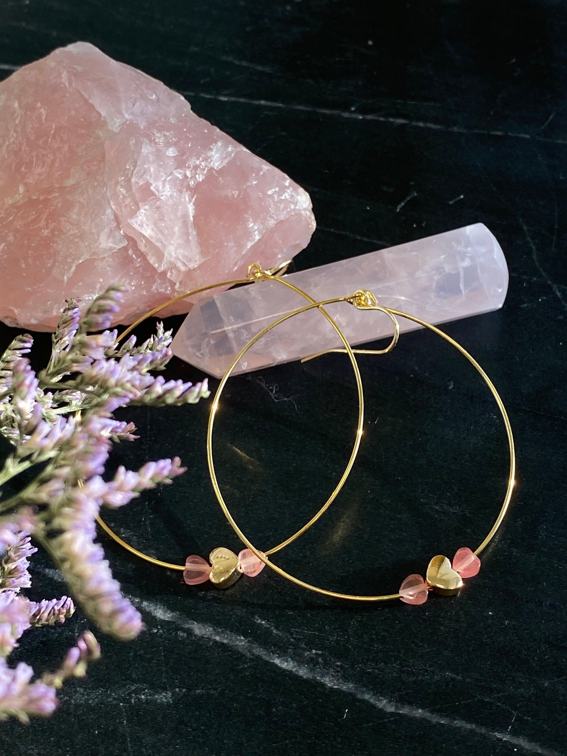 Rose Quartz Heart Hoops - Kybalion Jewellery